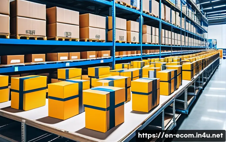 전자상거래 실무에서 자주 사용하는 도구와 플랫폼 소개 - A modern e-commerce warehouse interior with automated robotic arms and conveyor belts efficiently so...