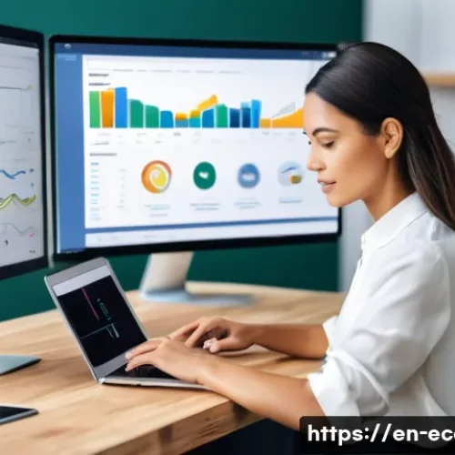 전자상거래 자격증과 디지털 마케팅 자격증 비교 및 활용 사례 - A modern digital workspace scene showcasing a professional woman in business casual attire working o...