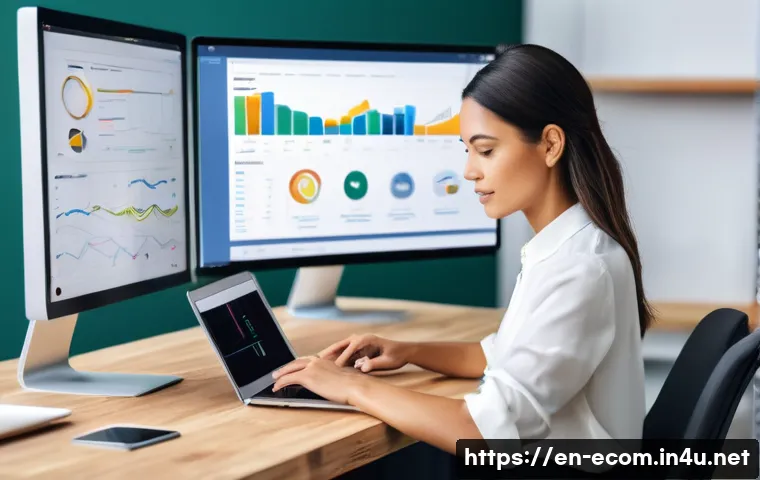 전자상거래 자격증과 디지털 마케팅 자격증 비교 및 활용 사례 - A modern digital workspace scene showcasing a professional woman in business casual attire working o...