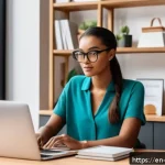 전자상거래 자격증을 활용한 이직 준비 전략 - A modern home office scene featuring a young professional woman focused on her laptop screen display...