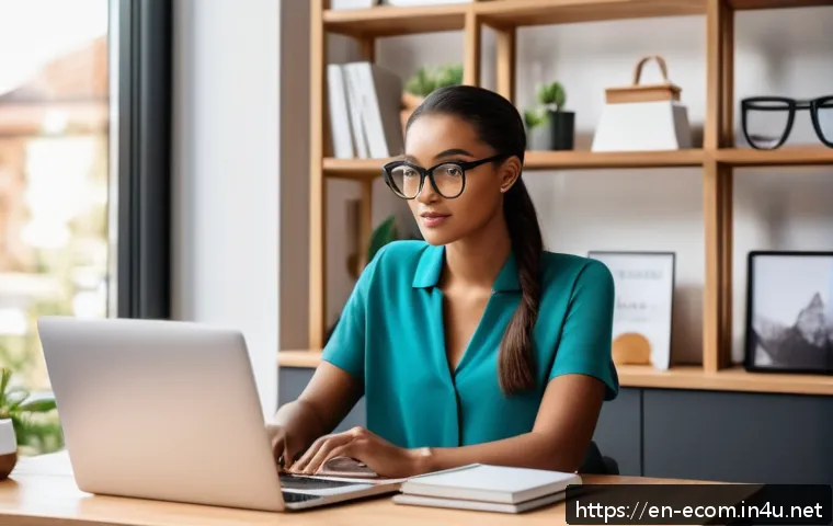 전자상거래 자격증을 활용한 이직 준비 전략 - A modern home office scene featuring a young professional woman focused on her laptop screen display...